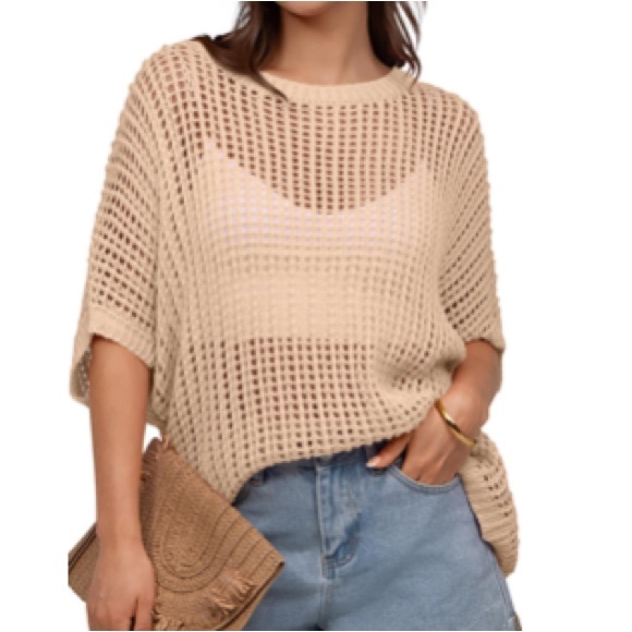 Amazon Sweaters - Crochet Short Sleeve Hollow Out Knit  Mesh Tunic Tops Sz XL Women
